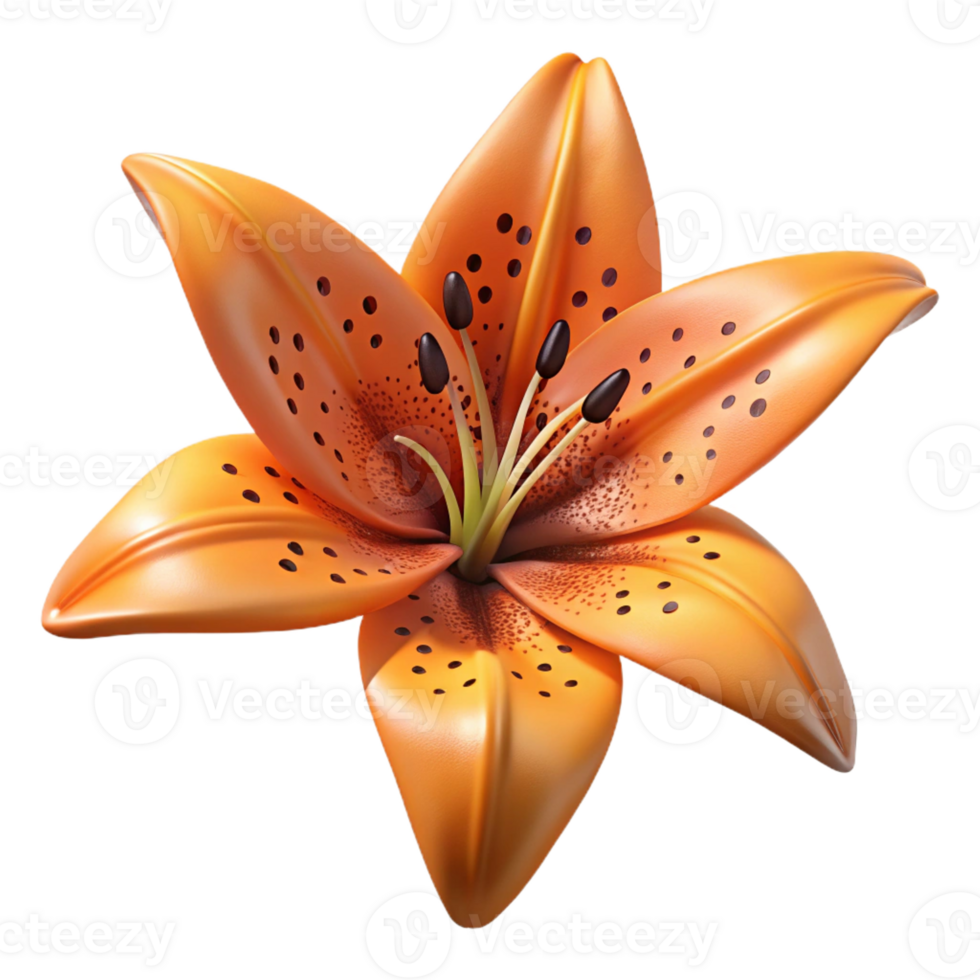 harmonious elegant Isolated cutout, photorealistic, ultra-detailed professional render of a single, hyper-specific tiger lily flower, orange with black spots with Transparent Background impeccable png