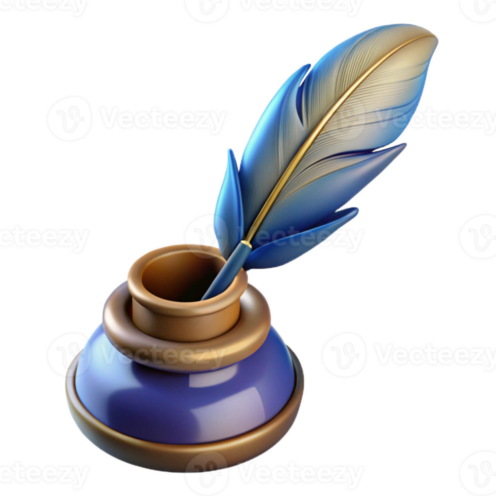 stunning bohemian Concept art style, hyper-specific isolated cutout of a vintage quill pen and inkwell with Transparent Background precision png