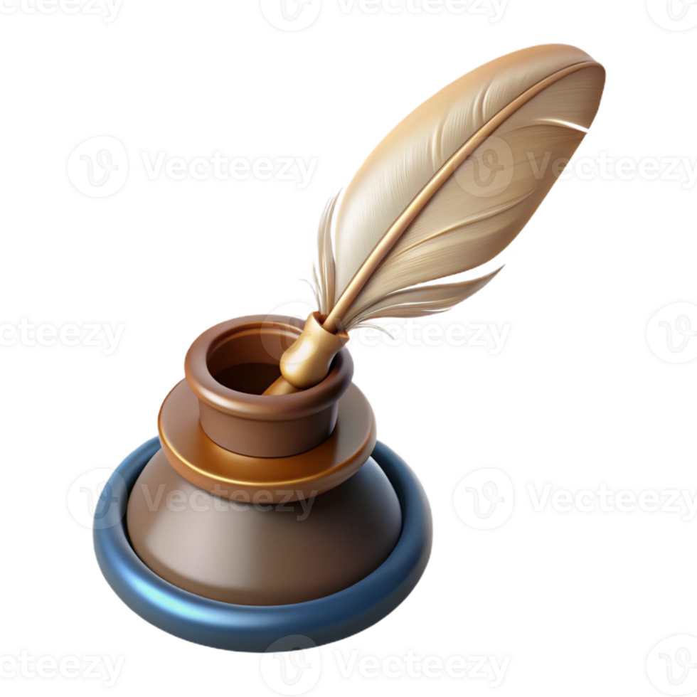 quintessential traditional Concept art style, hyper-specific isolated cutout of a vintage quill pen and inkwell with Transparent Background ultra HD png