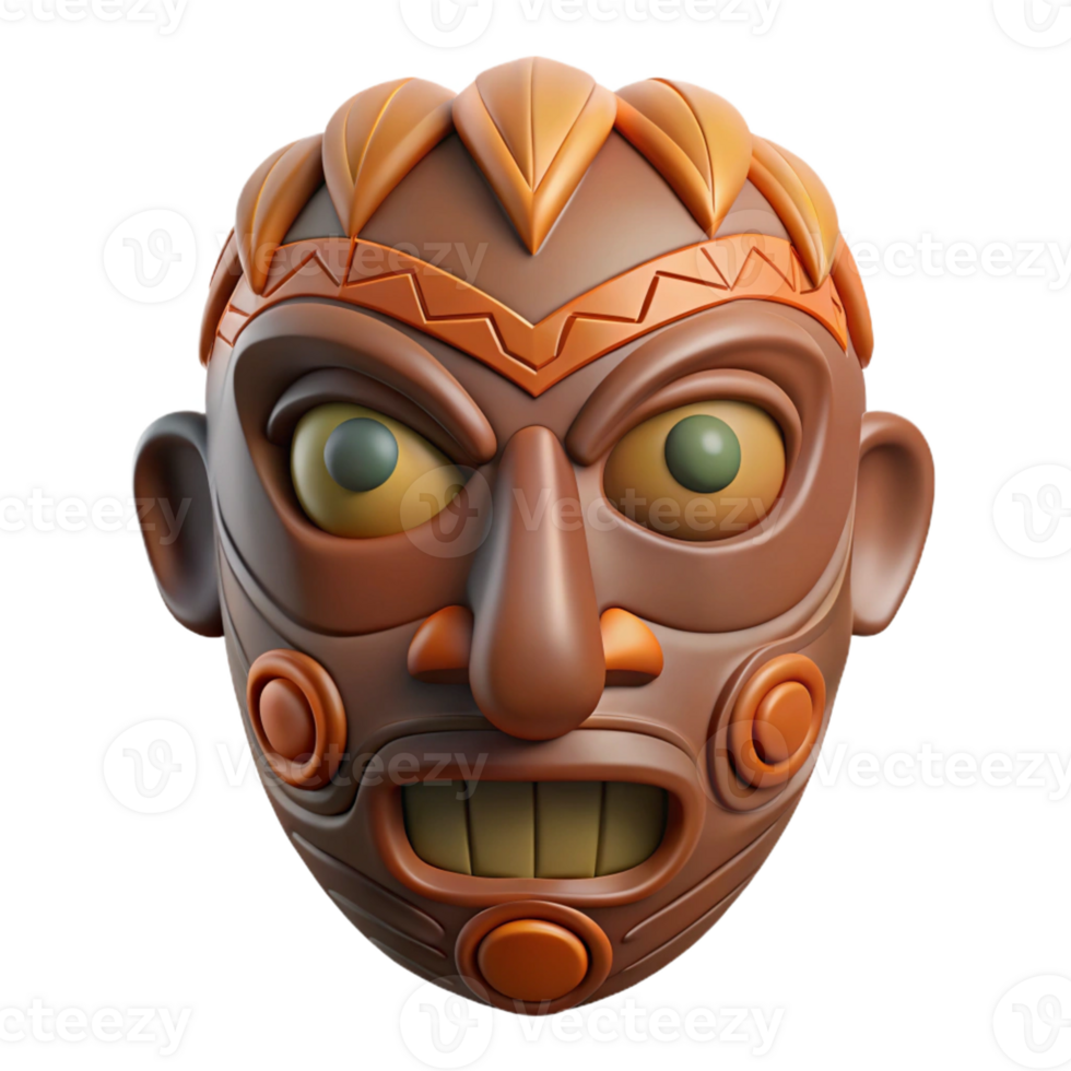 memorable mid-century A stylized tribal mask with intricate carvings with Transparent Background expertly shot png