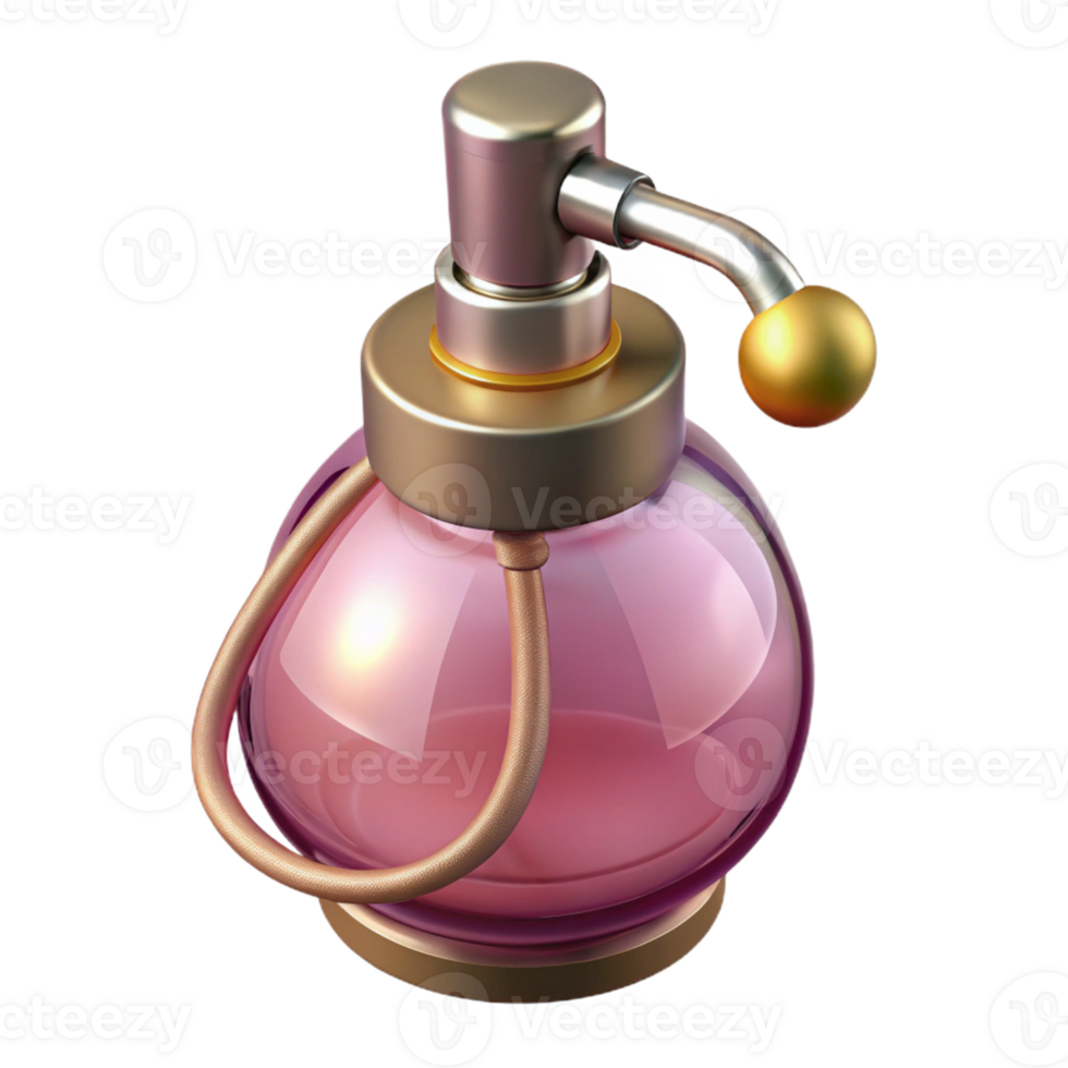 serene nostalgic rustic Concept art style, hyper-specific isolated cutout of a vintage perfume bottle with atomizer with Transparent Background ultra HD png