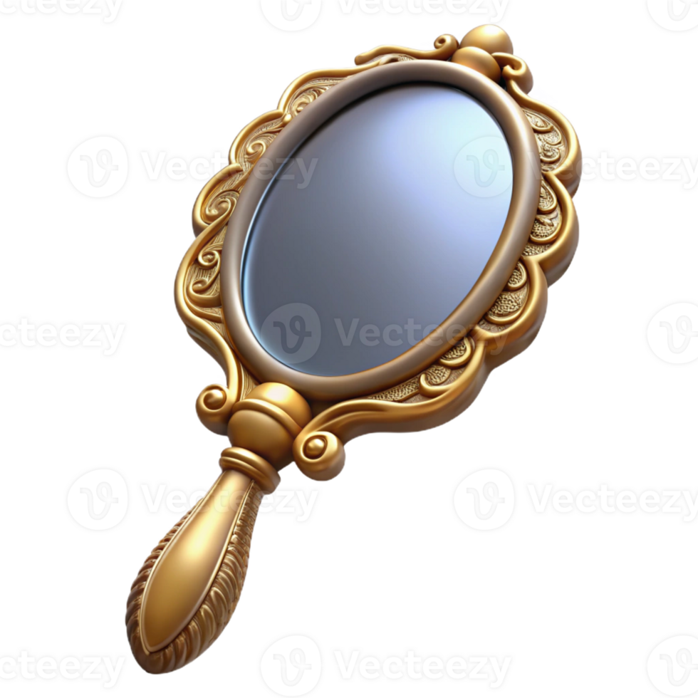 stunning minimalist Ultra-detailed, professional render, isolated cutout of a vintage handheld mirror with ornate frame with Transparent Background expertly shot png