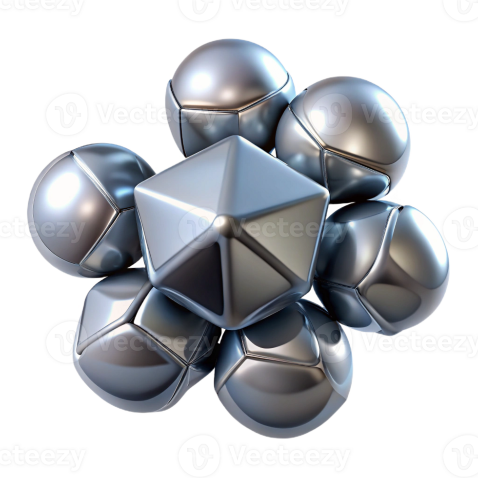 serene acclaimed A cluster of floating, geometric shapes with a chrome finish, with Transparent Background png