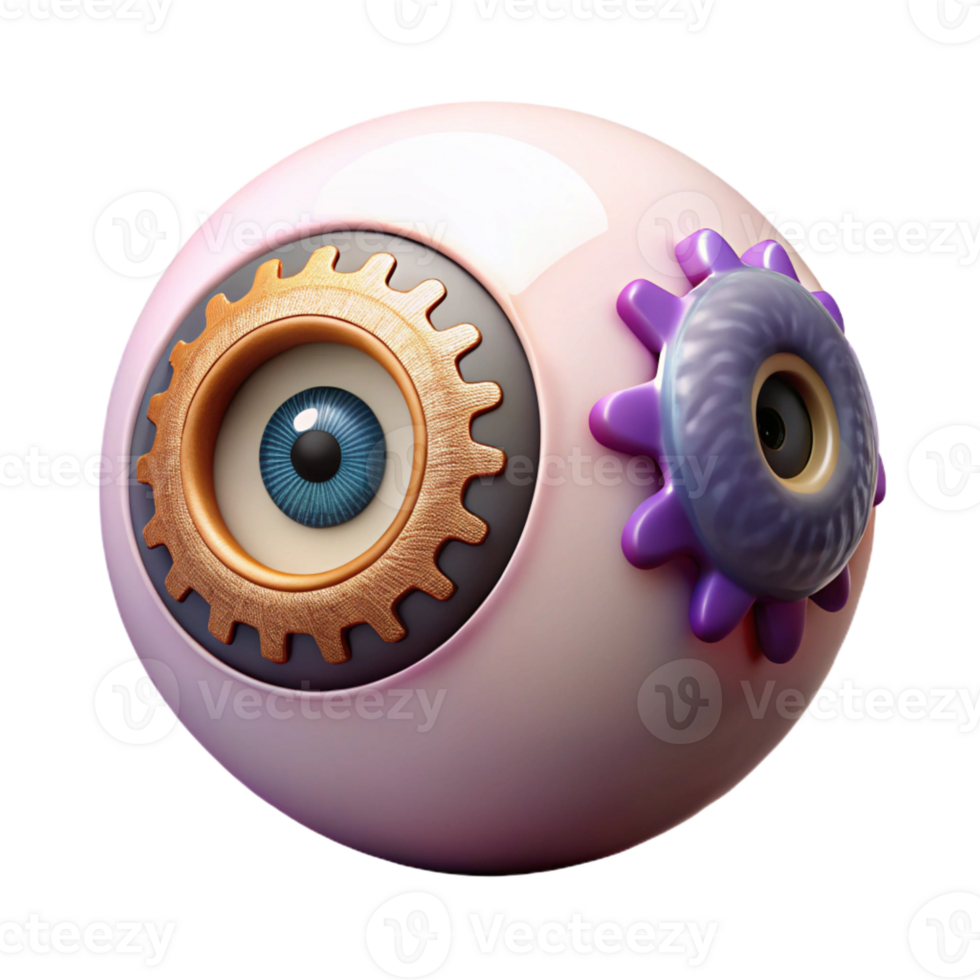 whimsical wonderful Ultra-detailed, professional render of a single, levitating eyeball with intricate clockwork gears inside with Transparent Background flawless png