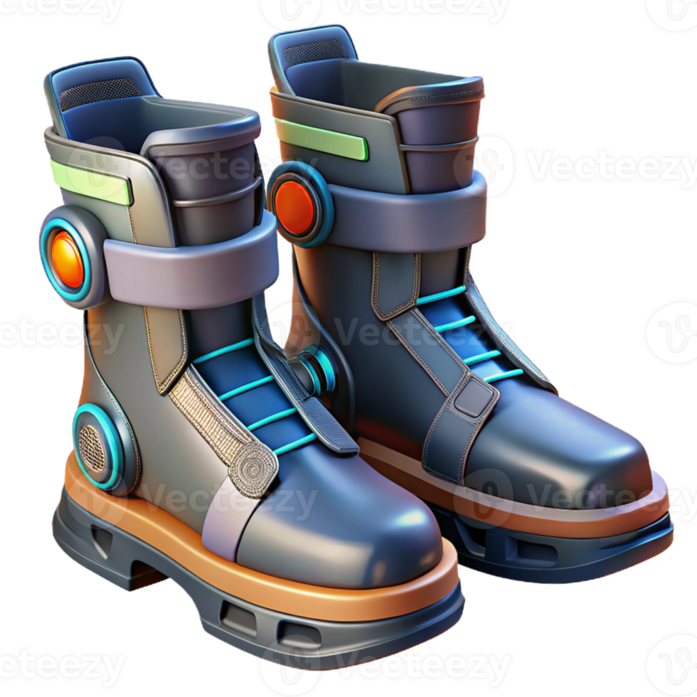 splendid whimsical avant-garde Cyberpunk boots with integrated jump jets and magnetic grips with Transparent Background 8K png