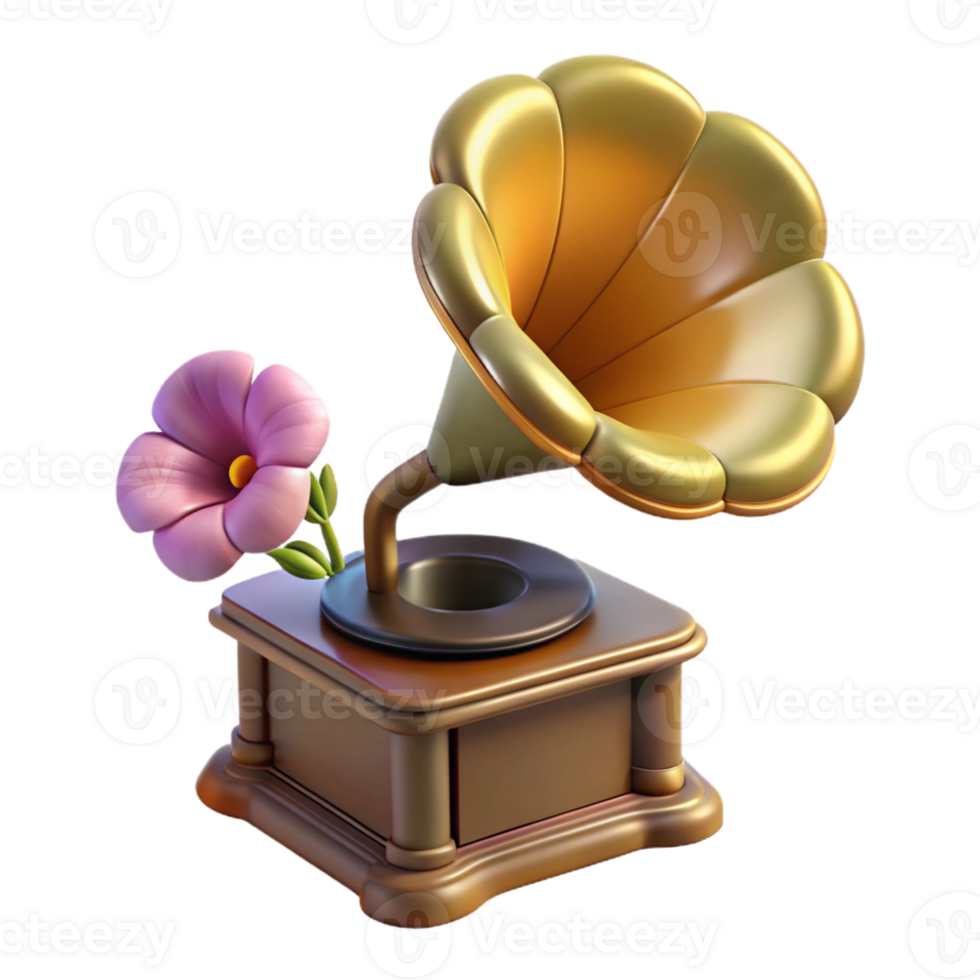 romantic hypnotic Professional render, concept art style, isolated cutout of a floating, antique gramophone playing a single, wilting flower with Transparent Background exclusive png