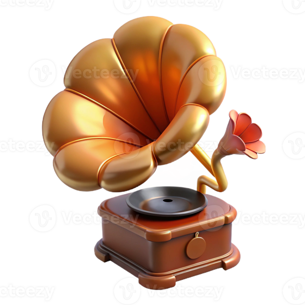 reflective enchanting Professional render, concept art style, isolated cutout of a floating, antique gramophone playing a single, wilting flower with Transparent Background original png