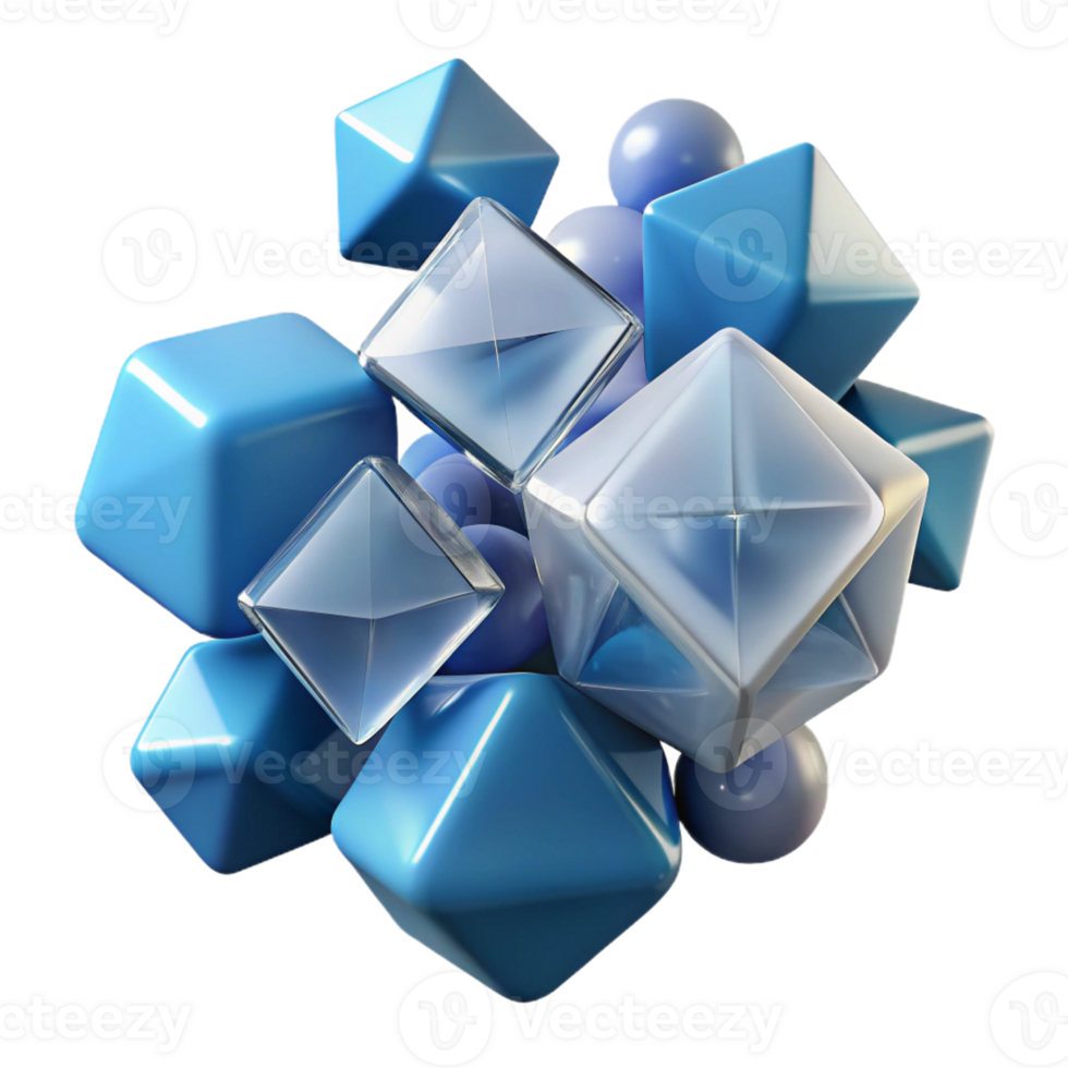 rare retro A cluster of floating, geometric shapes with a glass-like texture, with Transparent Background artisan png