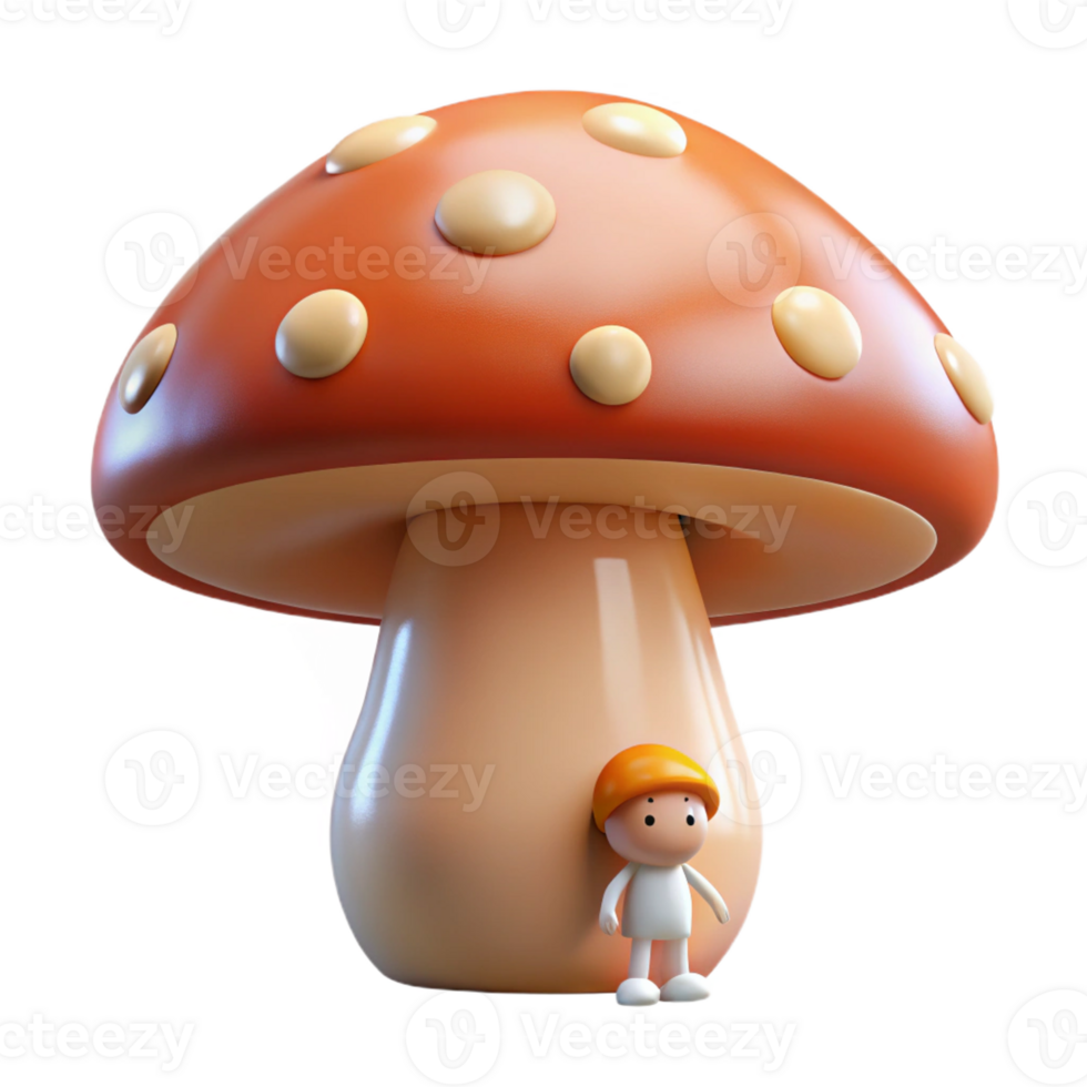 unforgettable futuristic Ultra-detailed, hyper-specific, photorealistic render of a single, giant mushroom with a miniature human face on its cap with Transparent Background elite png