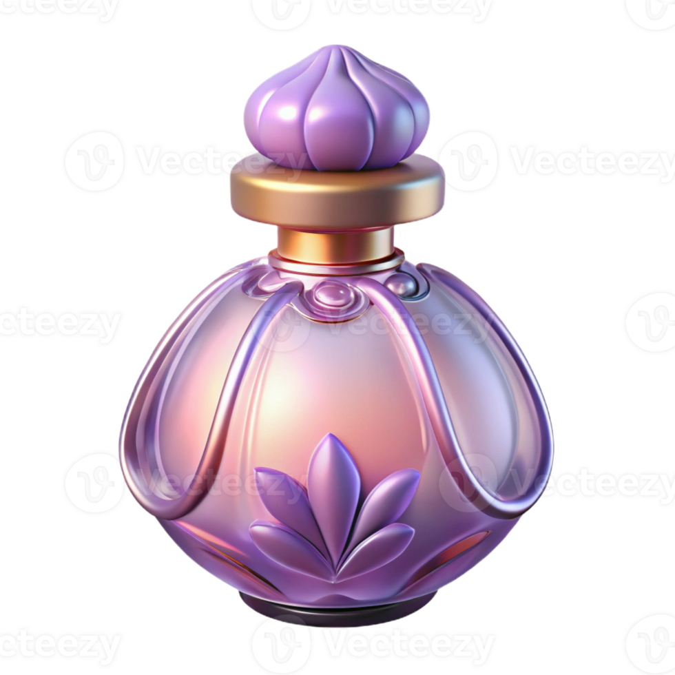 remarkable traditional Ultra-detailed, isolated cutout of an Art Nouveau perfume bottle, slender glass with a stylized floral stopper, pale amethyst color with Transparent Background authentic png