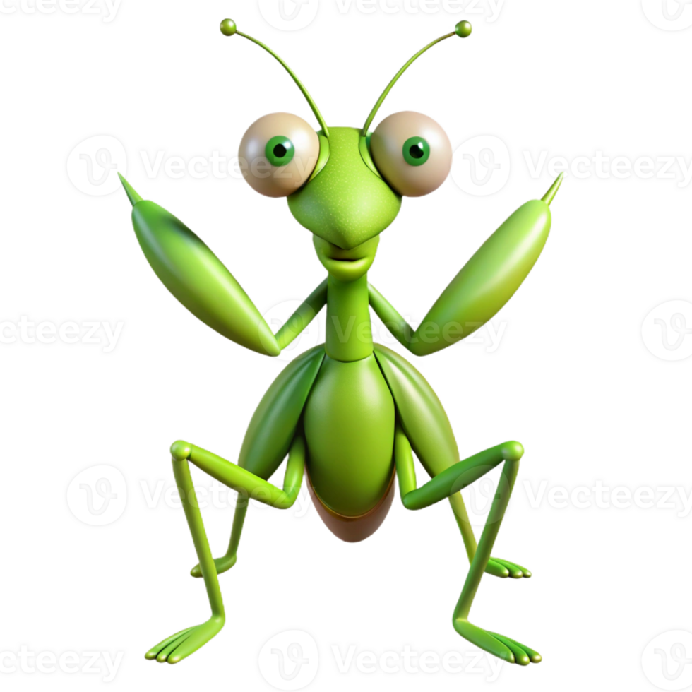 splendid joyful vintage Concept art style, hyper-specific, isolated cutout of a single praying mantis, front view, arms raised with Transparent Background sharp png