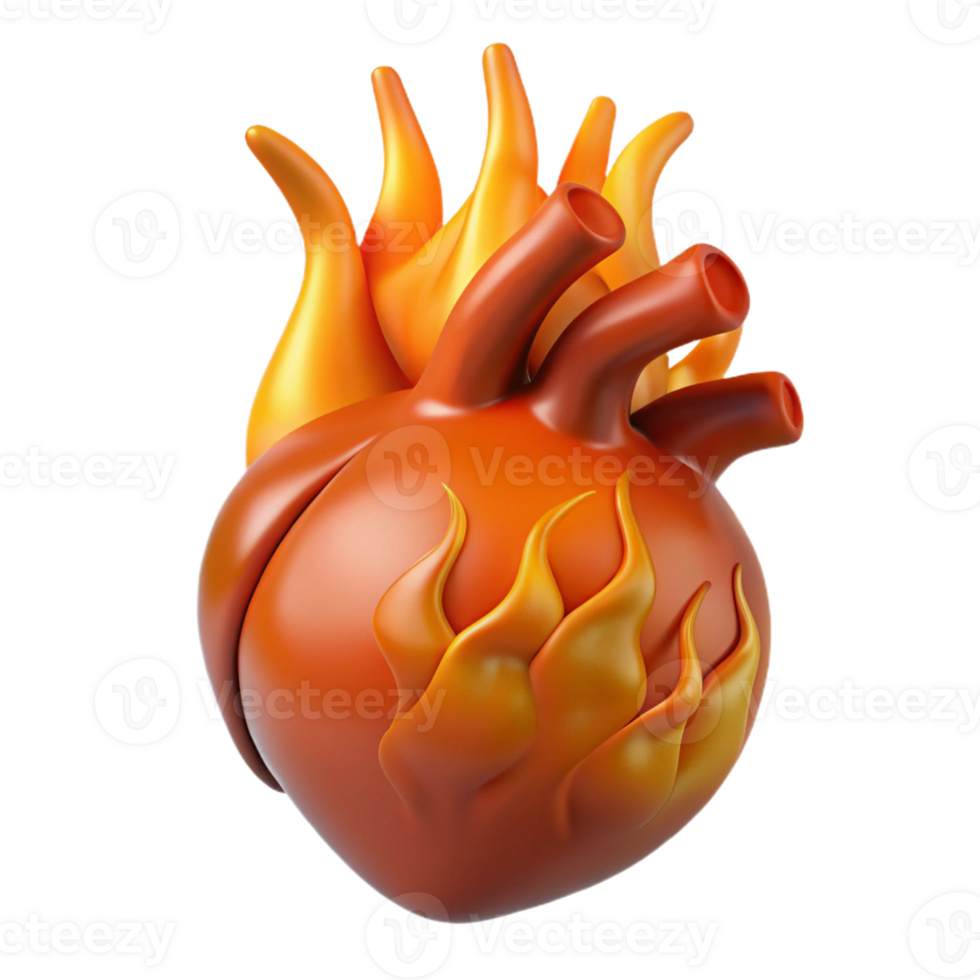 sumptuous reflective tropical A single, realistic, human heart engulfed in flames with Transparent Background high quality png