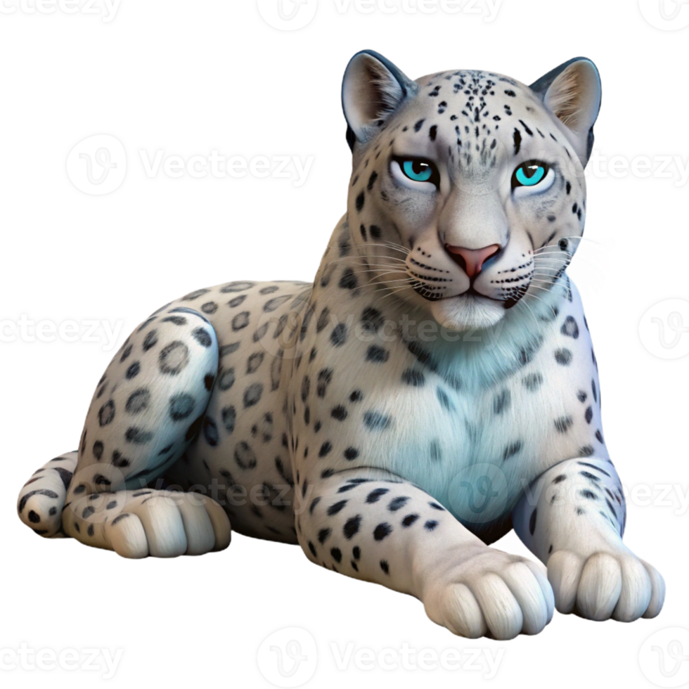 pristine vintage Photorealistic, professional render, isolated cutout of a single snow leopard, lying down, looking forward with Transparent Background ultra HD png