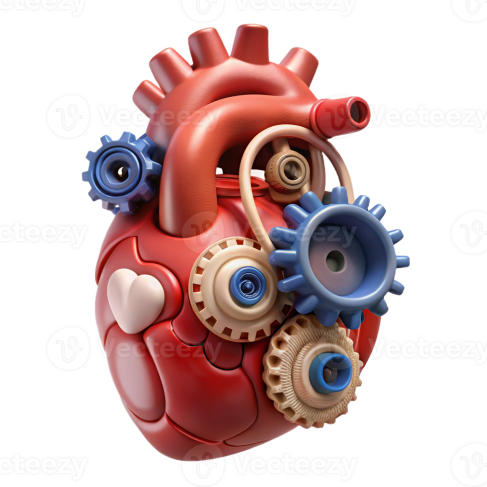 nostalgic vibrant Ultra-detailed, professional render of a levitating human heart made of interconnected gears and wires with Transparent Background high quality png