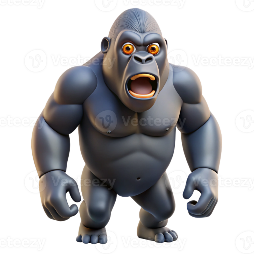 striking energetic minimalist Ultra-detailed professional render, isolated cutout of a single photorealistic gorilla, chest-beating pose with Transparent Background handcrafted png
