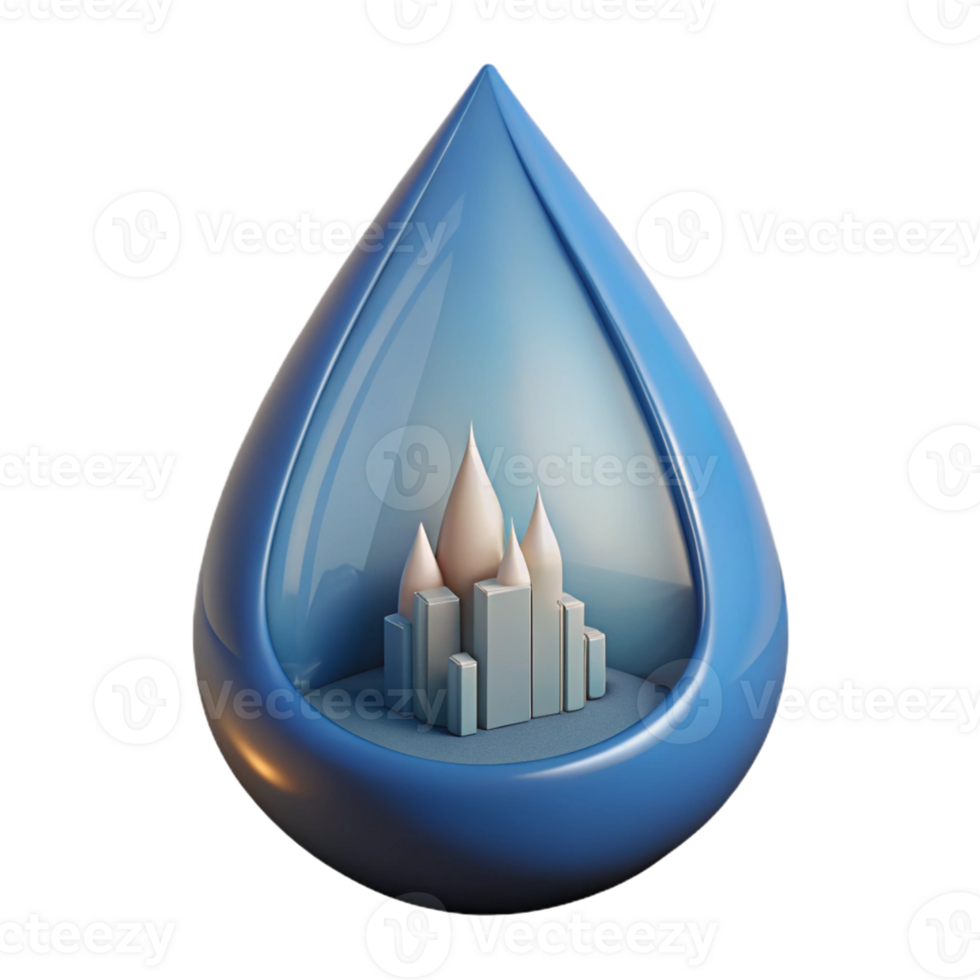 spectacular traditional Concept art style, isolated cutout of a single tear drop containing a miniature city skyline with Transparent Background elite png