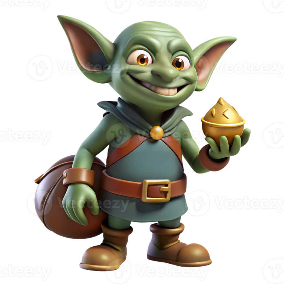 splendid whimsical traditional A mischievous goblin with pointed ears, holding a pouch of gold, with Transparent Background museum quality png