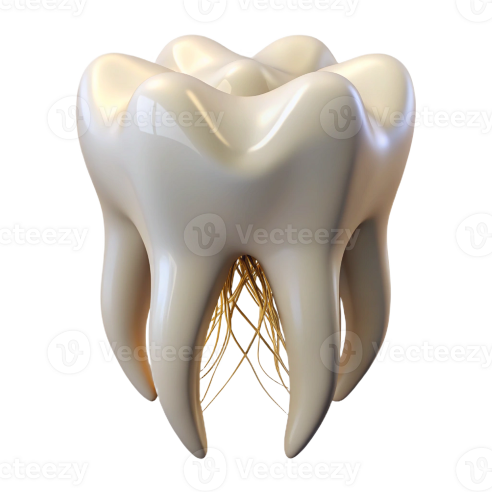 pristine contemporary Hyper-specific, ultra-detailed, isolated cutout of a single, human tooth with roots made of intertwined wires with Transparent Background high resolution png