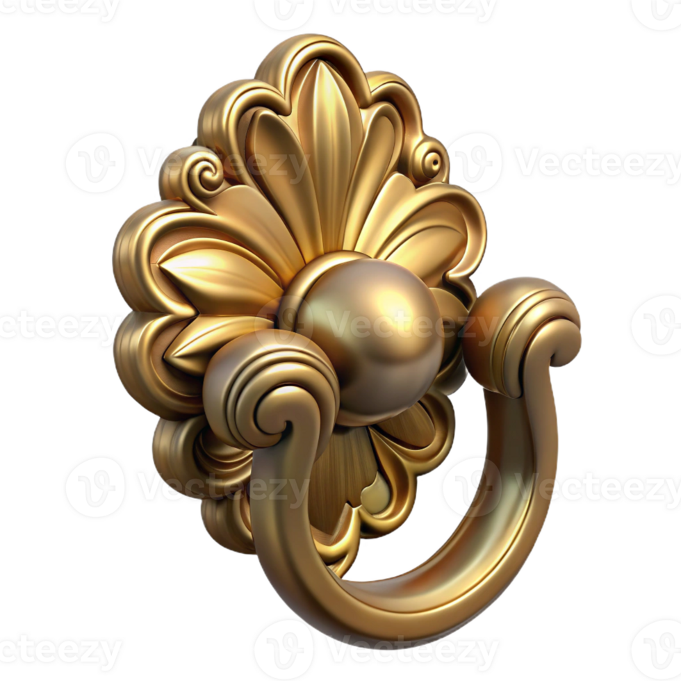 spectacular exceptional Hyper-specific, isolated cutout of a single Art Nouveau door handle, brass with a stylized floral design with Transparent Background png
