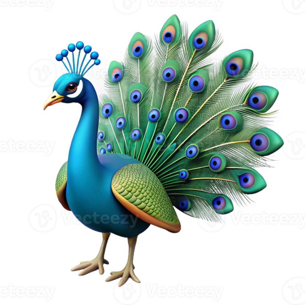serene distinctive Ultra-detailed, hyper-specific, isolated cutout of a single peacock, tail feathers fully displayed with Transparent Background png