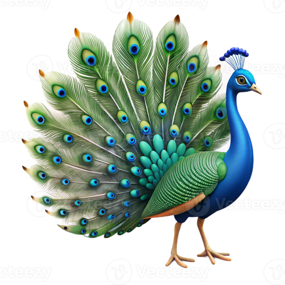 remarkable traditional Ultra-detailed, hyper-specific, isolated cutout of a single peacock, tail feathers fully displayed with Transparent Background impeccable png