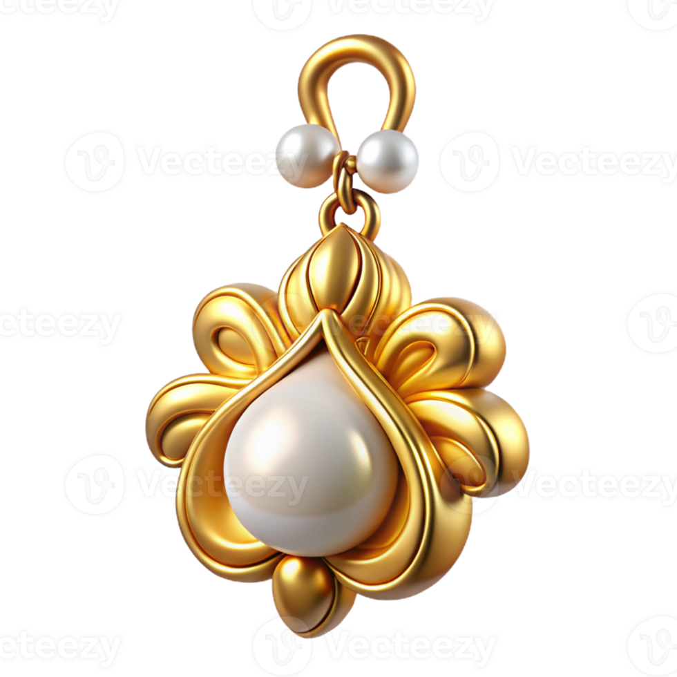 radiant remarkable Hyper-specific, isolated cutout of a single Art Nouveau earring, gold with a dangling pearl and a stylized floral design with Transparent Background png