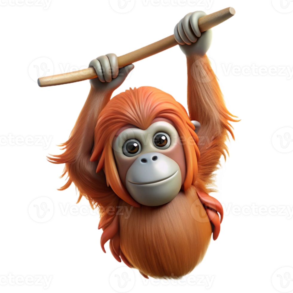 wonderful calm coastal Photorealistic, professional render, isolated cutout of a single orangutan, hanging from an invisible branch with Transparent Background 8K png