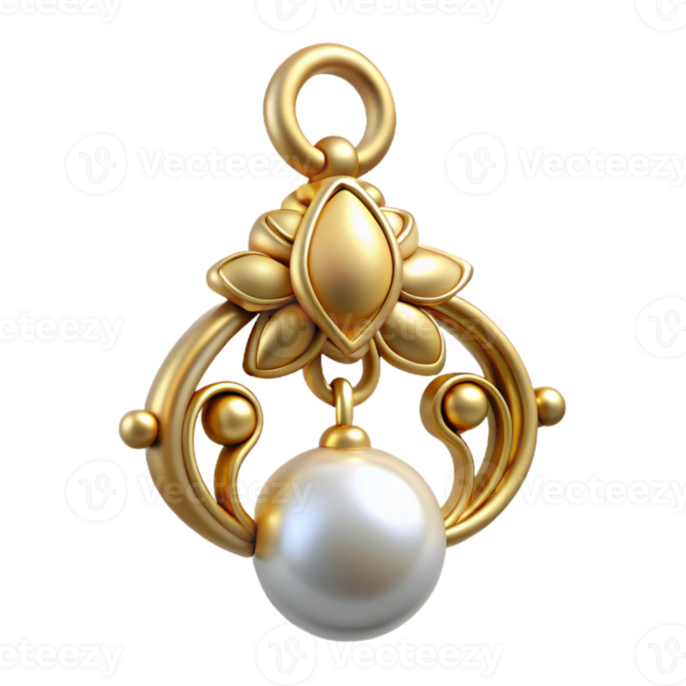 splendid iconic Hyper-specific, isolated cutout of a single Art Nouveau earring, gold with a dangling pearl and a stylized floral design with Transparent Background png