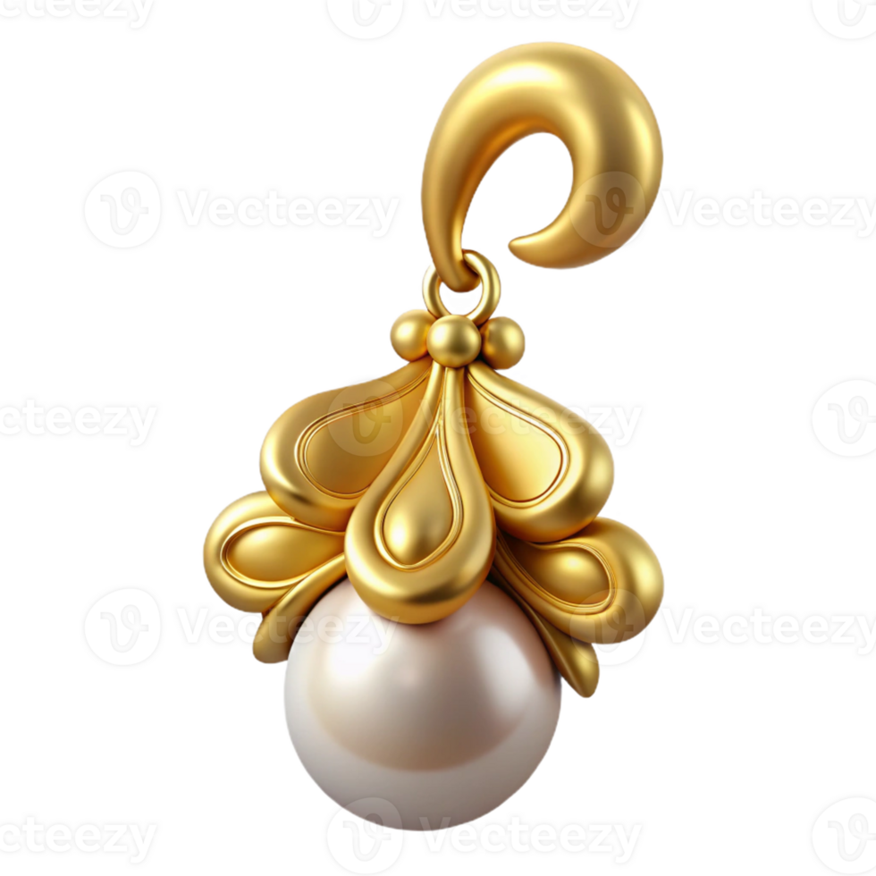 signature retro Hyper-specific, isolated cutout of a single Art Nouveau earring, gold with a dangling pearl and a stylized floral design with Transparent Background fine detail png