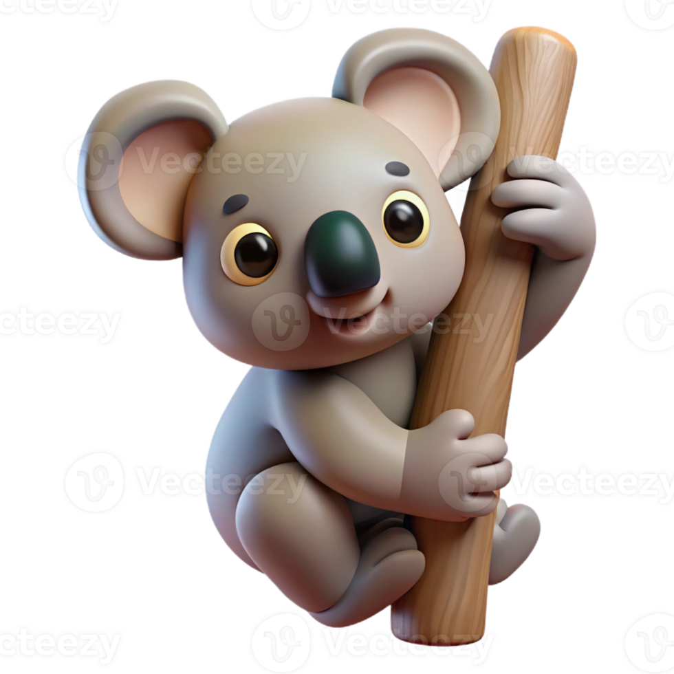 remarkable avant-garde Ultra-detailed, hyper-specific isolated cutout of a single koala, clinging to an invisible tree trunk with Transparent Background luxury png