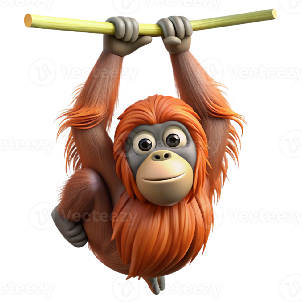 wonderful harmonious modern Photorealistic, professional render, isolated cutout of a single orangutan, hanging from an invisible branch with Transparent Background precision png