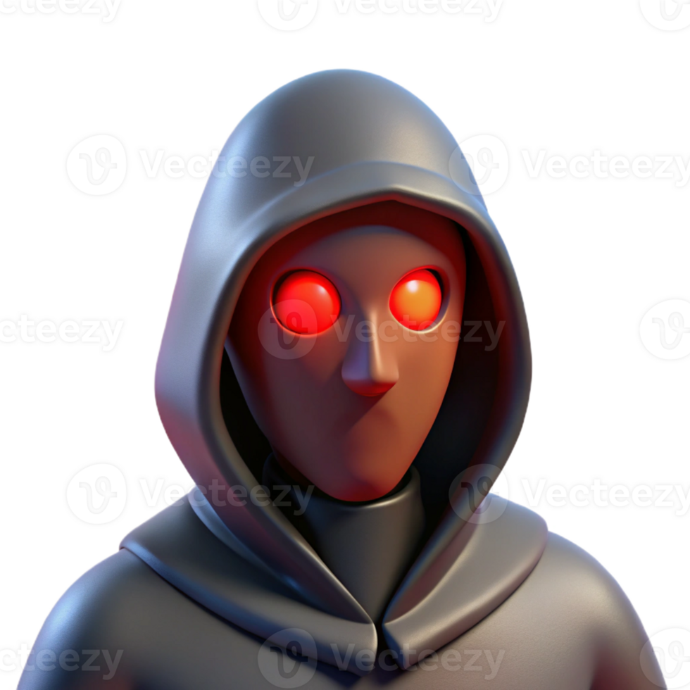 splendid whimsical mid-century A mysterious, hooded figure with glowing red eyes with Transparent Background sharp png