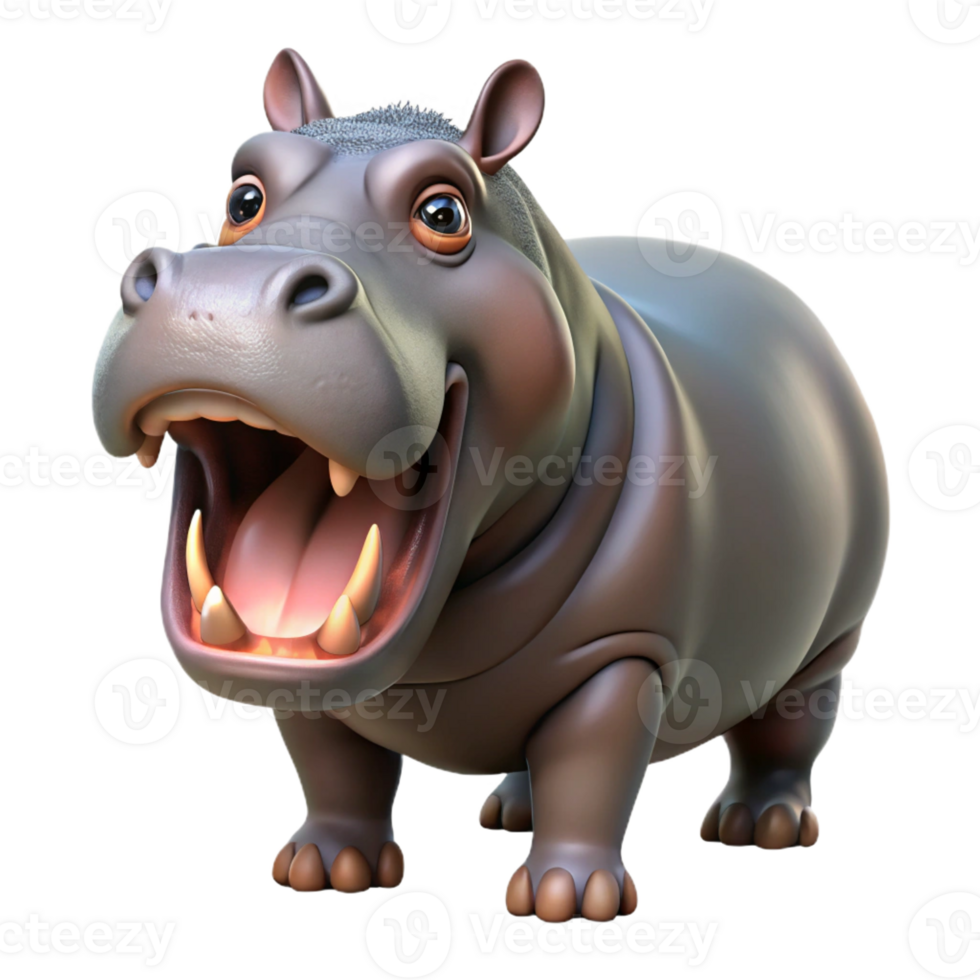 magnificent contemporary Photorealistic, professional render, isolated cutout of a single hippopotamus, mouth open with Transparent Background crisp png
