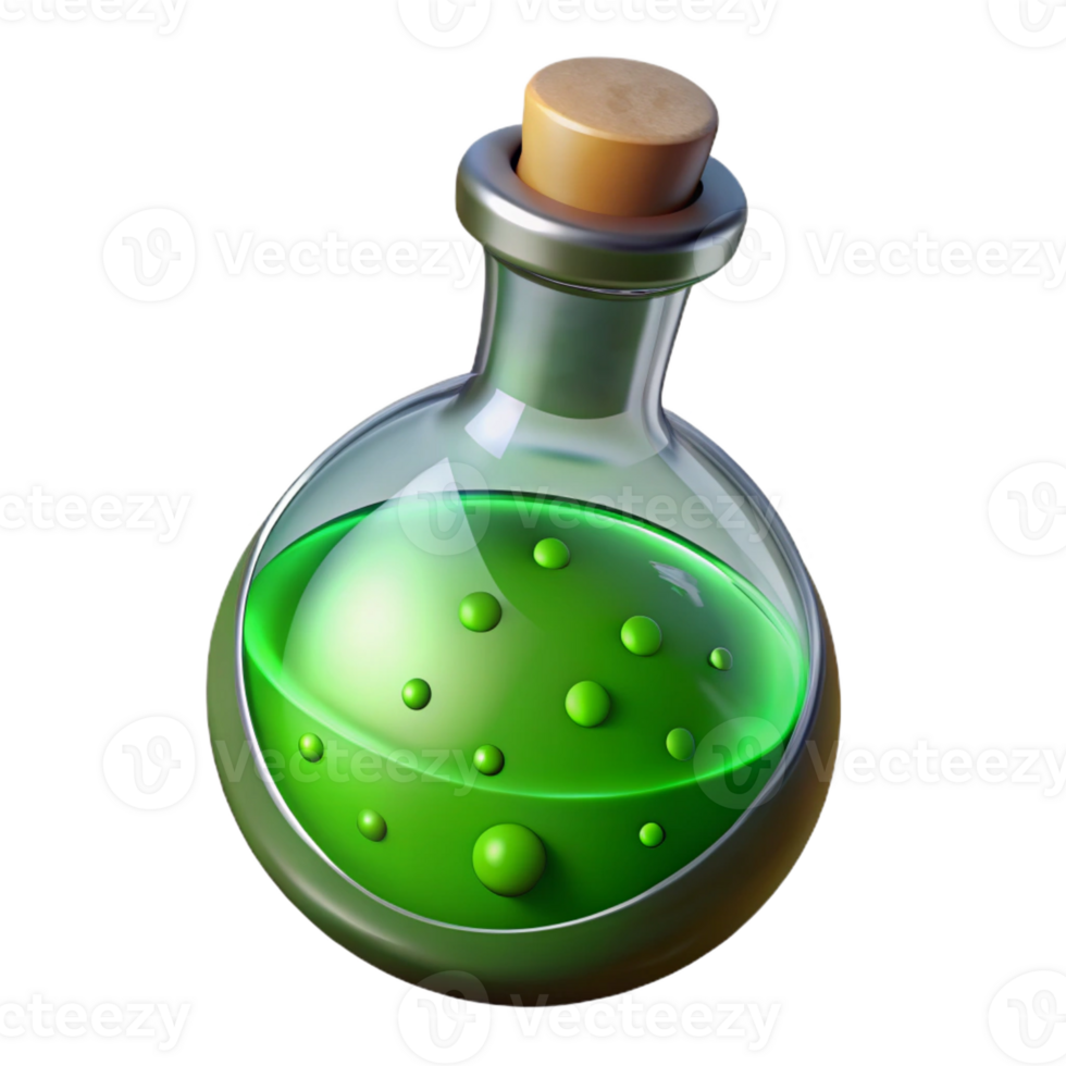 picturesque exceptional A single, detailed, potion bottle with bubbling green liquid with Transparent Background png