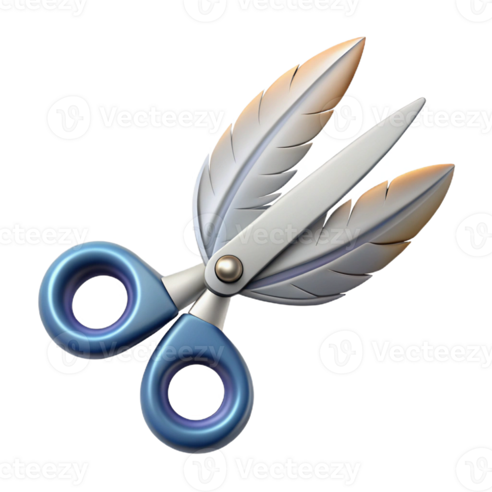 tranquil gorgeous Ultra-detailed, concept art style, isolated cutout of a levitating pair of scissors with blades made of razor-sharp feathers with Transparent Background precision png