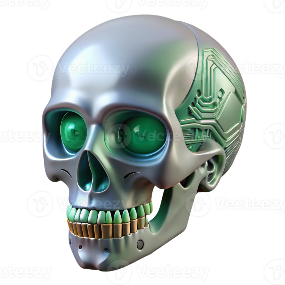 wonderful industrial Professional render, hyper-specific isolated cutout of a biomechanical skull with integrated circuit boards with Transparent Background ultra HD png