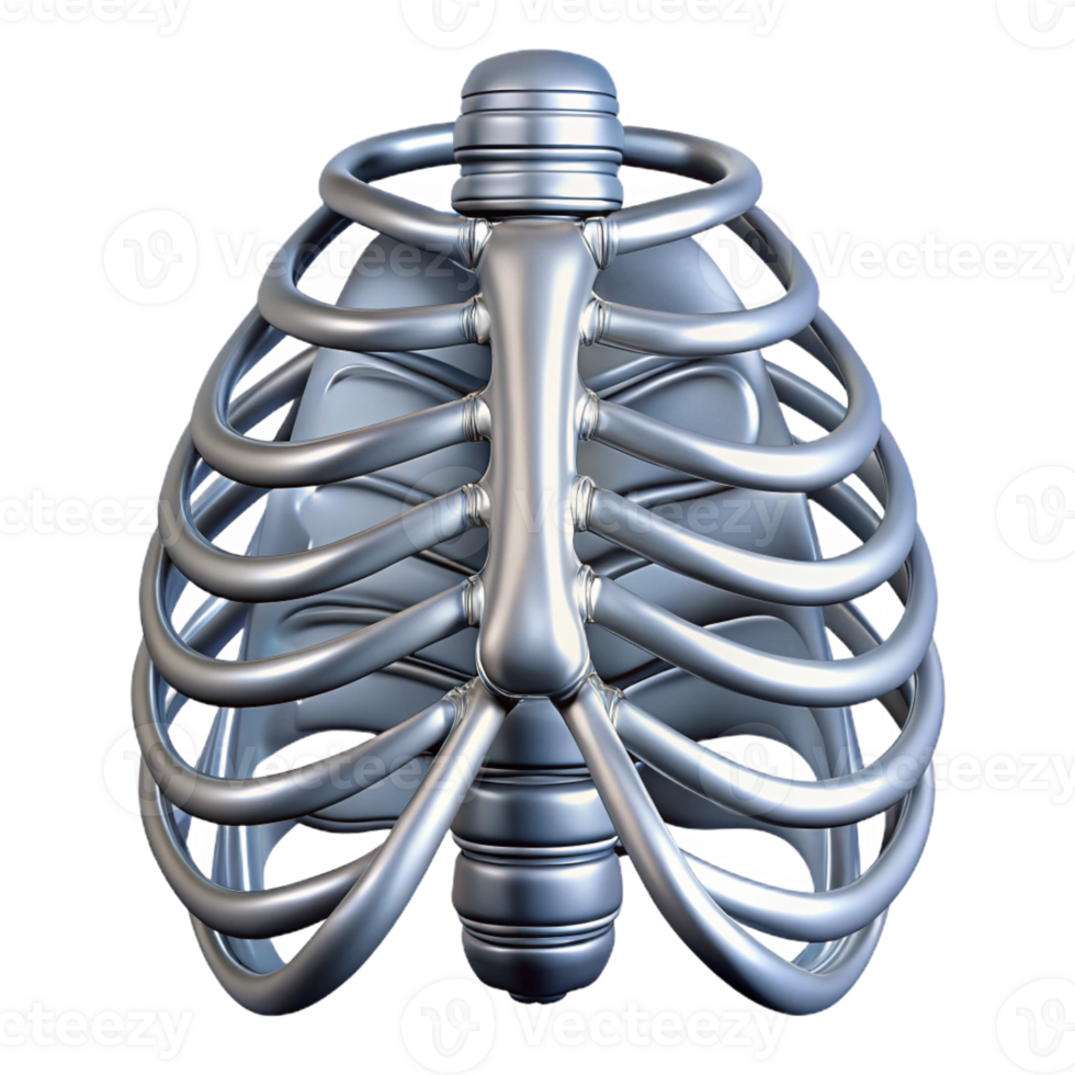 wonderful retro Photorealistic, ultra-detailed isolated cutout of a biomechanical ribcage with metallic reinforcement with Transparent Background refined png