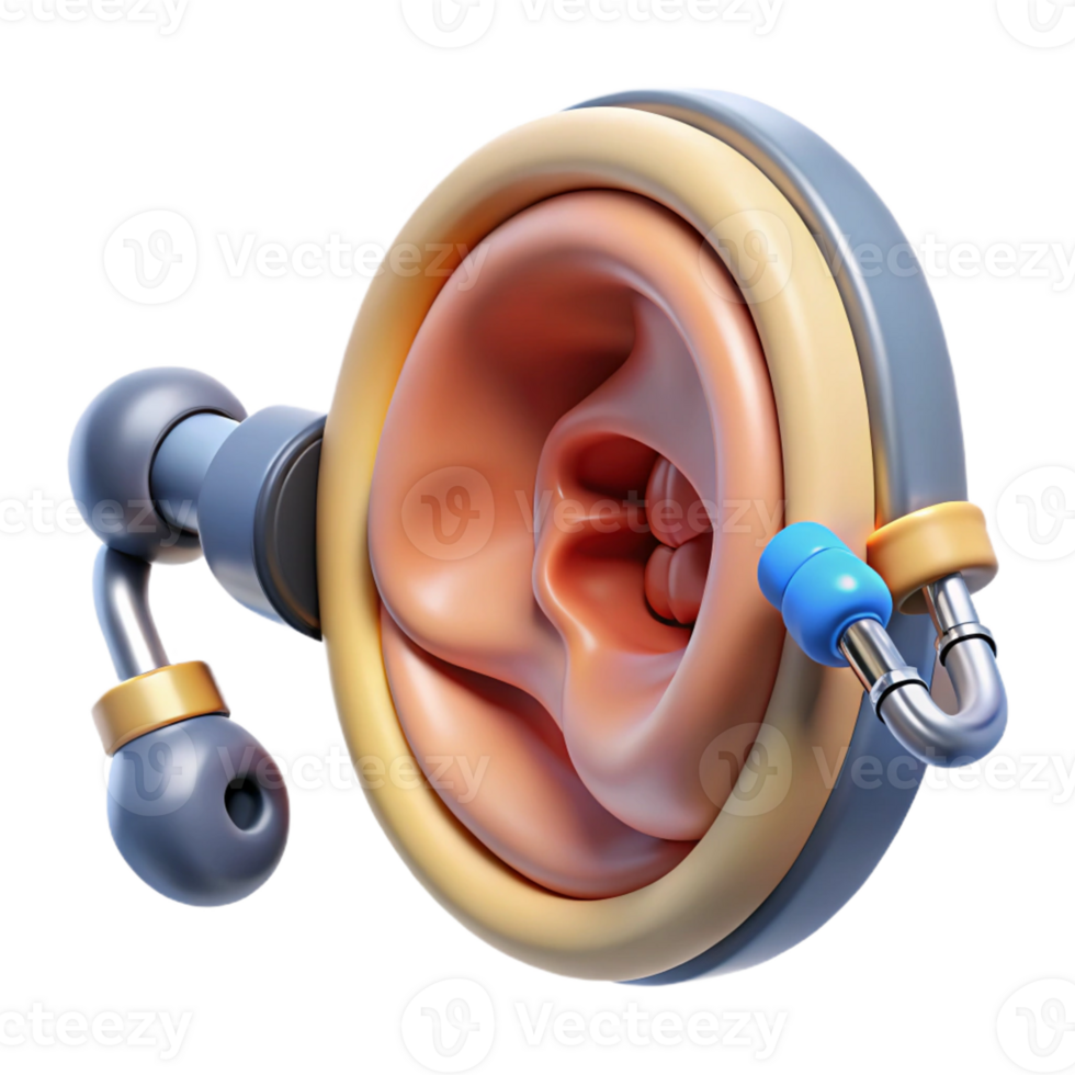 splendid calm art deco Hyper-specific, professional render of a biomechanical ear with internal speakers and microphones, isolated cutout with Transparent Background genuine png