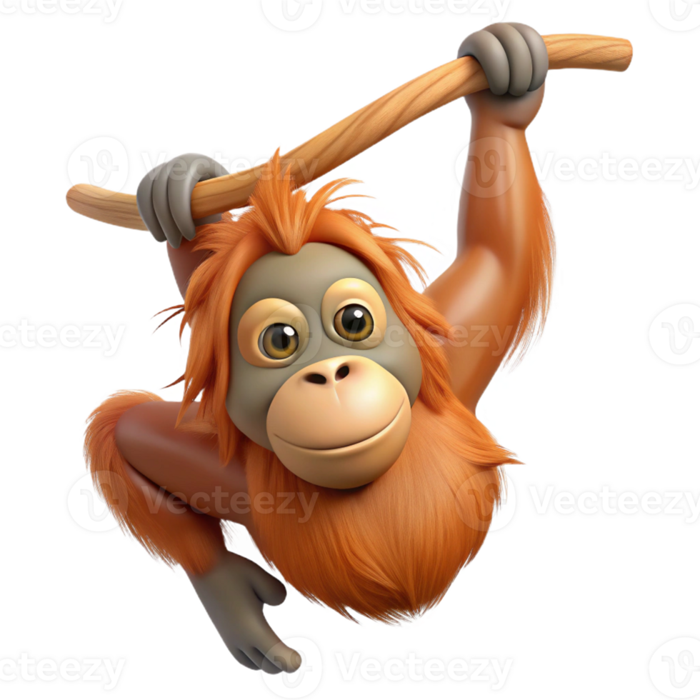 sumptuous calm retro Orangutan, hanging from a branch branch not visible with Transparent Background fine detail png