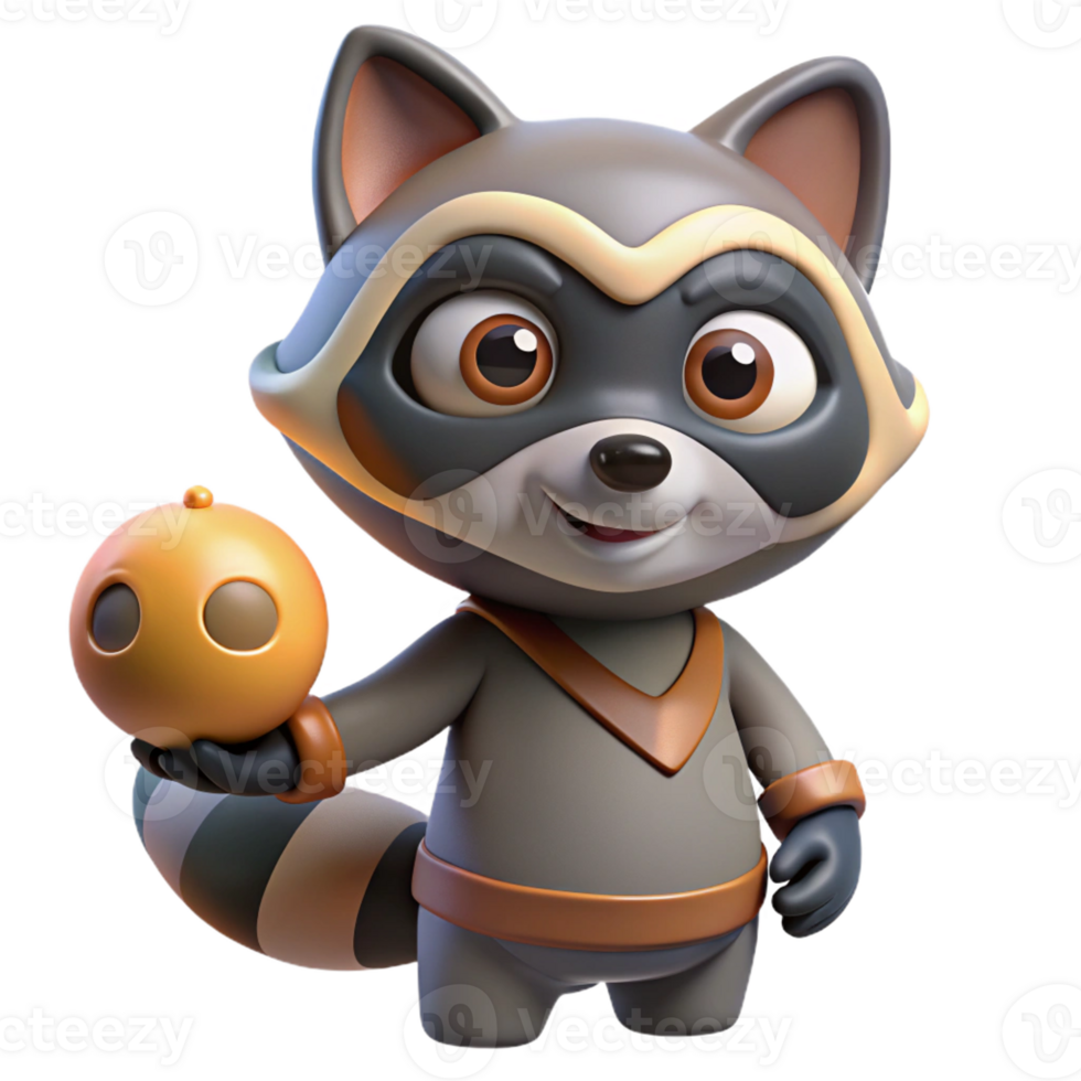 sumptuous energetic artistic Raccoon, masked face, holding something object not visible with Transparent Background expertly shot png