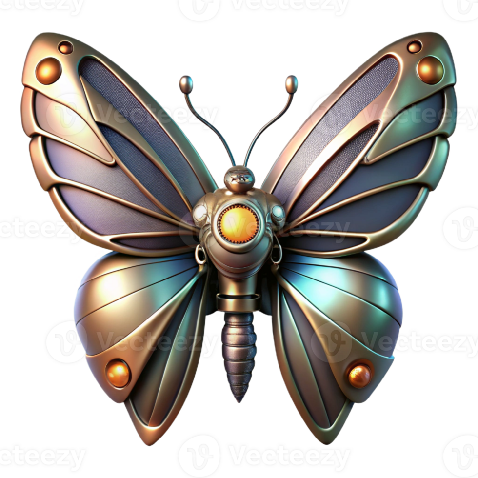whimsical impressive Concept art style, isolated cutout of a biomechanical butterfly with metallic wings and glowing antennae with Transparent Background flawless png