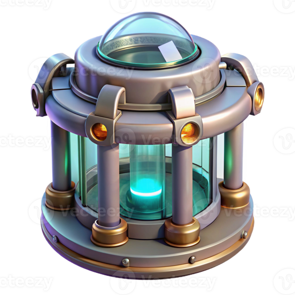 mysterious dramatic Isolated cutout, ultra-detailed, hyper-specific concept art render of a stasis chamber with Transparent Background museum quality png