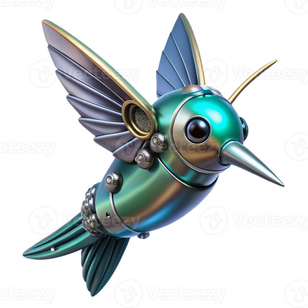notable baroque Concept art style, isolated cutout of a biomechanical hummingbird with miniature turbines and metallic feathers with Transparent Background high quality png