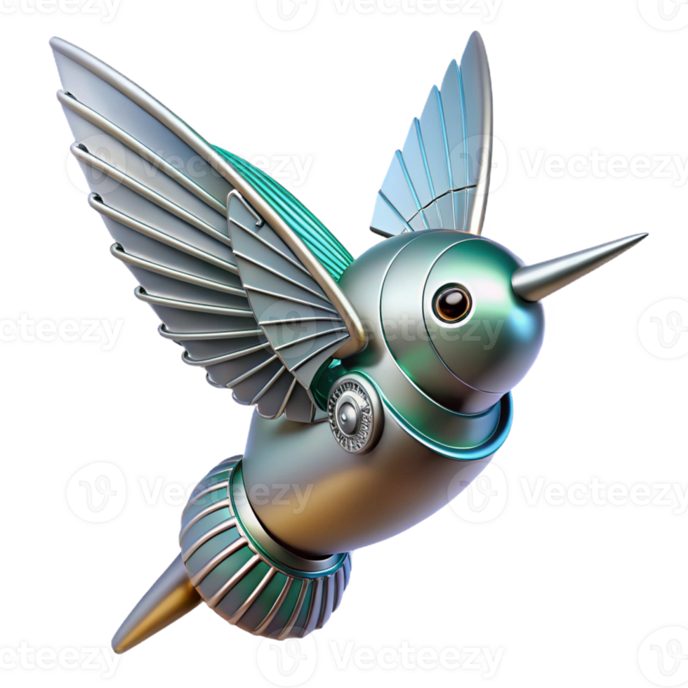 stunning iconic Concept art style, isolated cutout of a biomechanical hummingbird with miniature turbines and metallic feathers with Transparent Background png