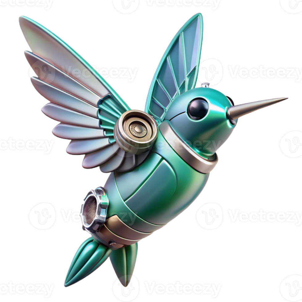 picturesque reflective tropical Concept art style, isolated cutout of a biomechanical hummingbird with miniature turbines and metallic feathers with Transparent Background gallery standard png