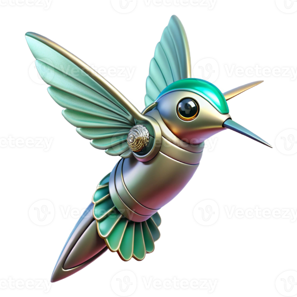 mesmerizing timeless Concept art style, isolated cutout of a biomechanical hummingbird with miniature turbines and metallic feathers with Transparent Background png