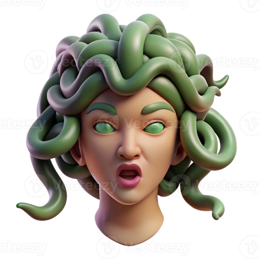 romantic majestic Hyper-specific, photorealistic professional render of an isolated Medusa head, snakes meticulously detailed, eyes closed Isolated cutout with Transparent Background handcrafted png