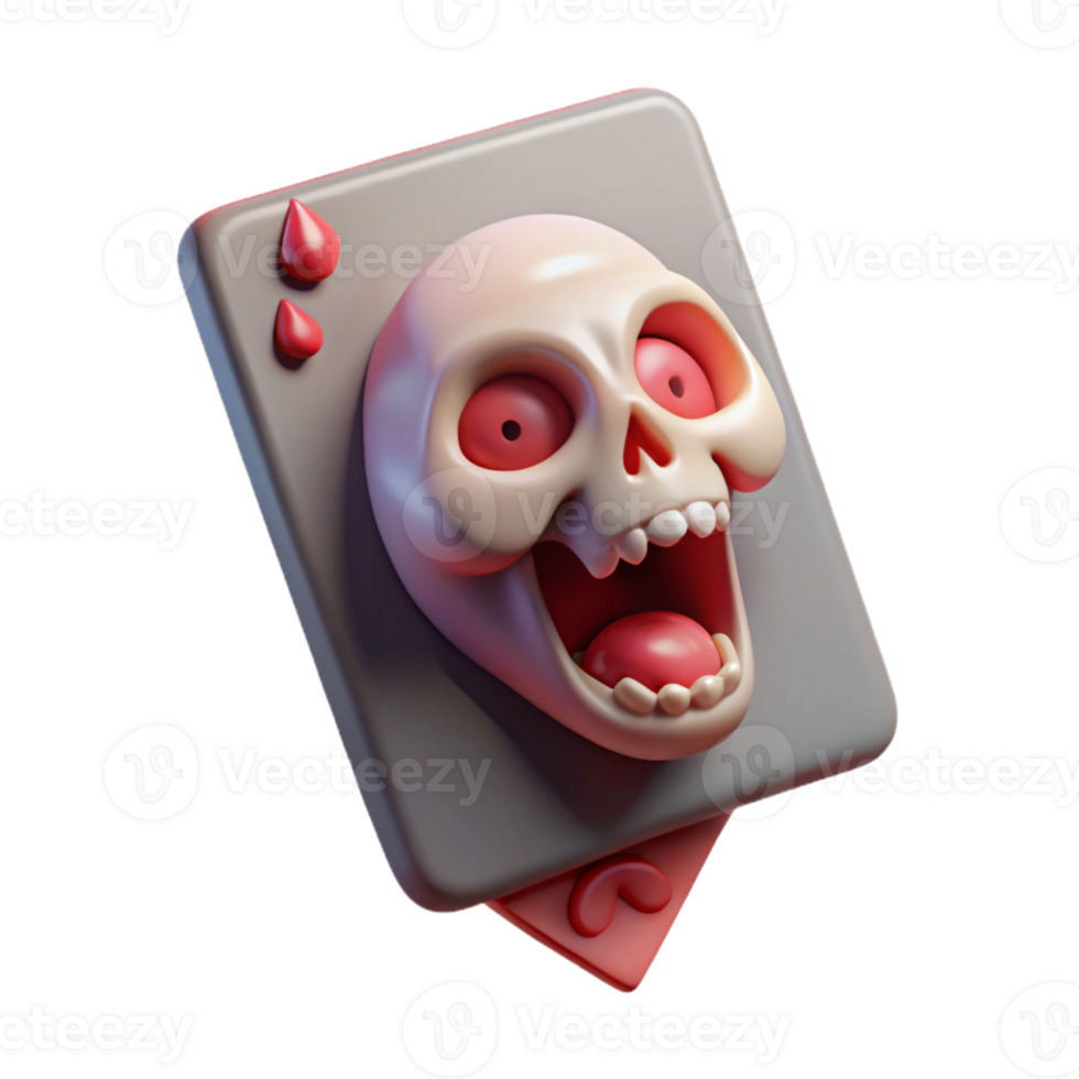 unparalleled modern Ultra-detailed, concept art style of a floating, single playing card with a face morphing into a screaming skull with Transparent Background premium png