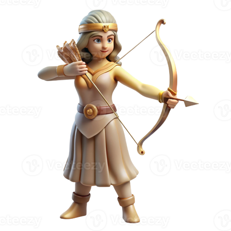 whimsical picturesque Artemis, Goddess of the Hunt, holding a bow and arrow with Transparent Background high resolution png