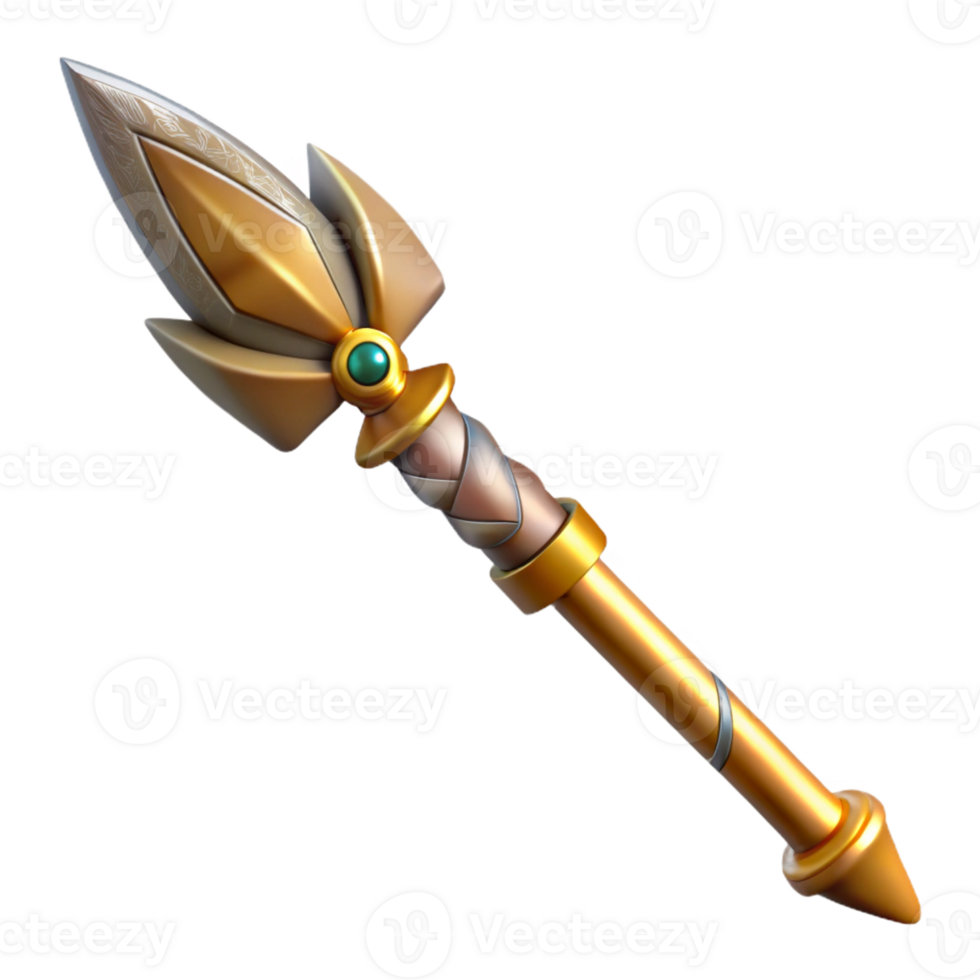 tranquil pristine Professional render of a photorealistic isolated cutout, ultra-detailed tribal spear with intricate carvings with Transparent Background high quality png